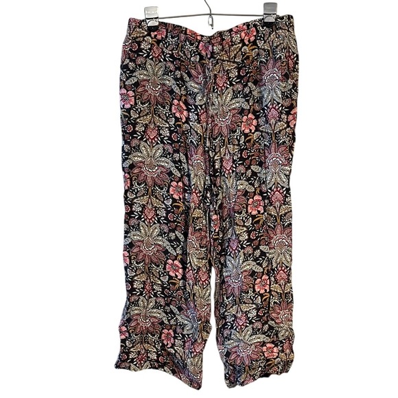LOFT Pants - LOFT Wide Leg Cropped Flowy Drawstring Floral Pants Black Pink Women's Medium‎